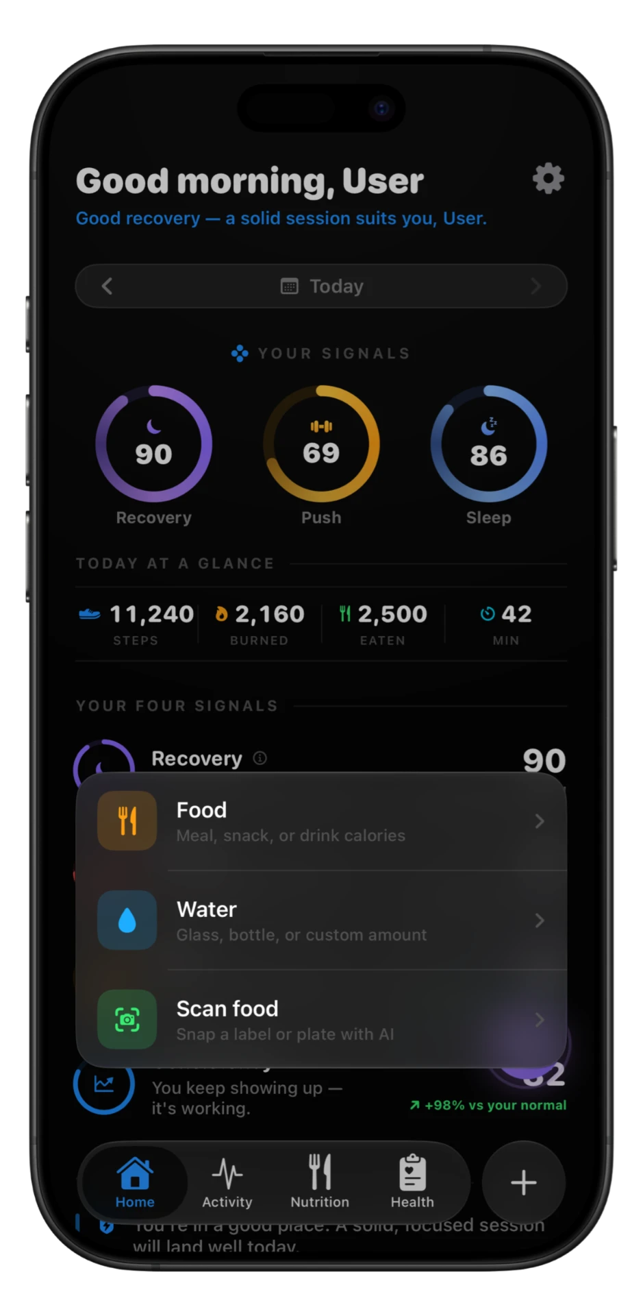 APYX quick add sheet for food, water and AI food scan