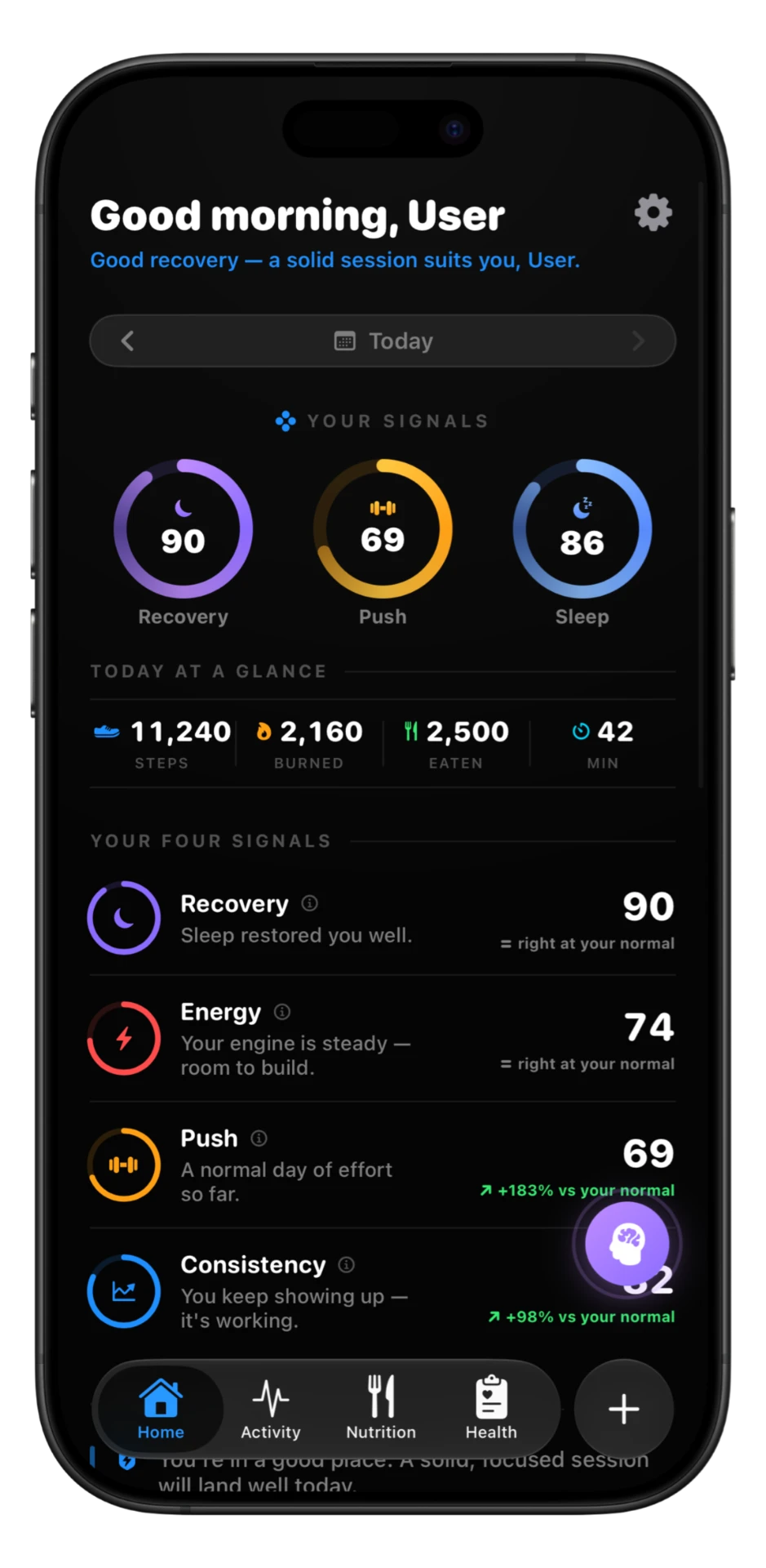 APYX home screen showing recovery, push and sleep signals
